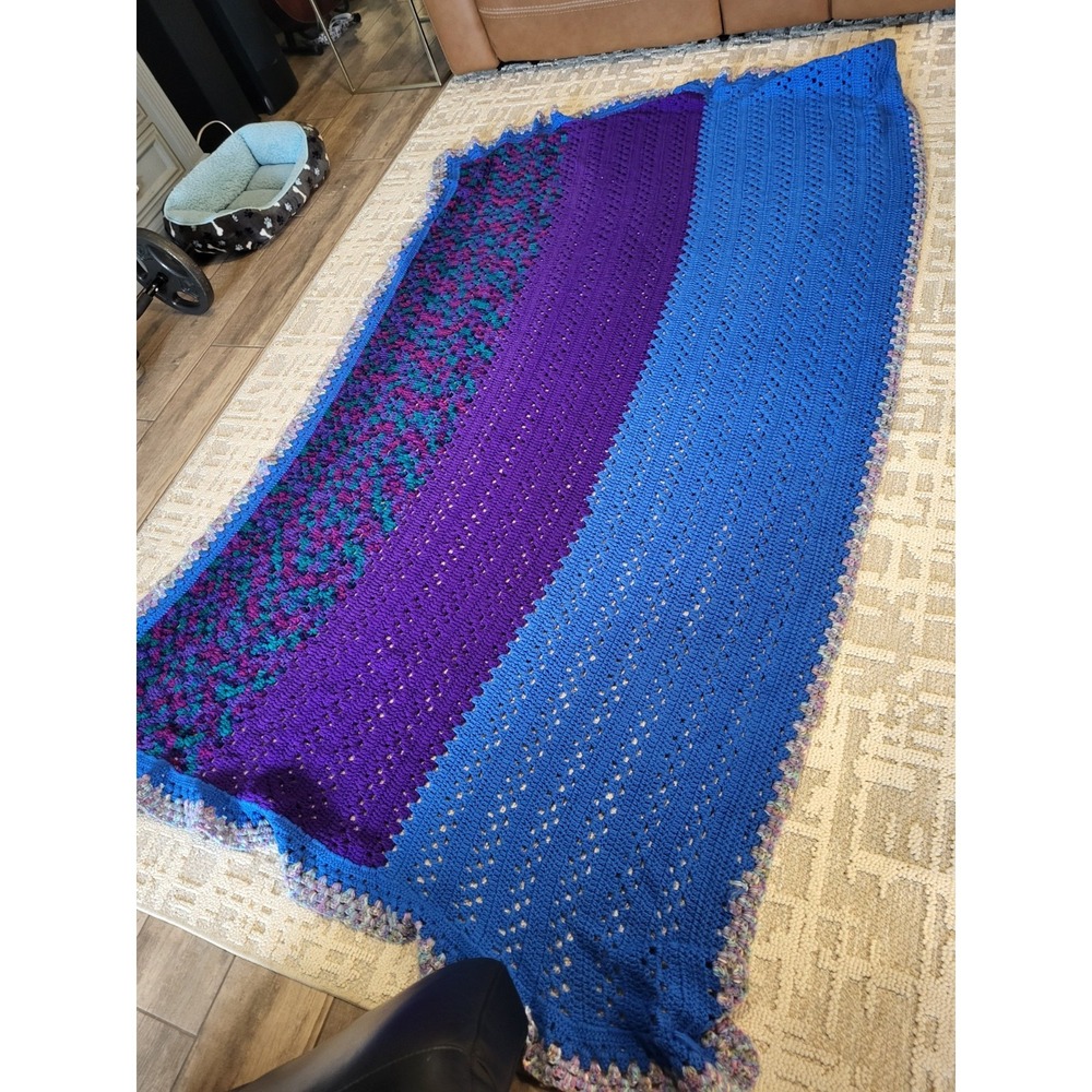 Vtg Purple Retro Granny Hand Crochet Knit Afghan Throw Blanket Speckled 100x62"